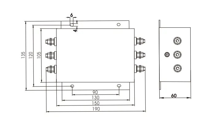 DF1 3 PHASE EMI FILTER Screw Terminal Overall Dimension